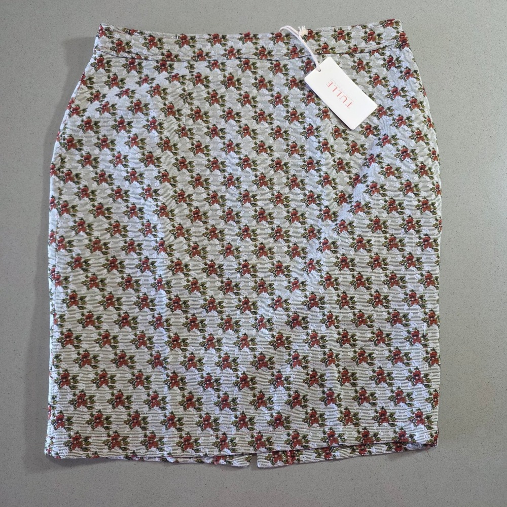 Tulle Vintage Inspired Floral Tapestry Pencil Skirt Green Red Rosebud Size L